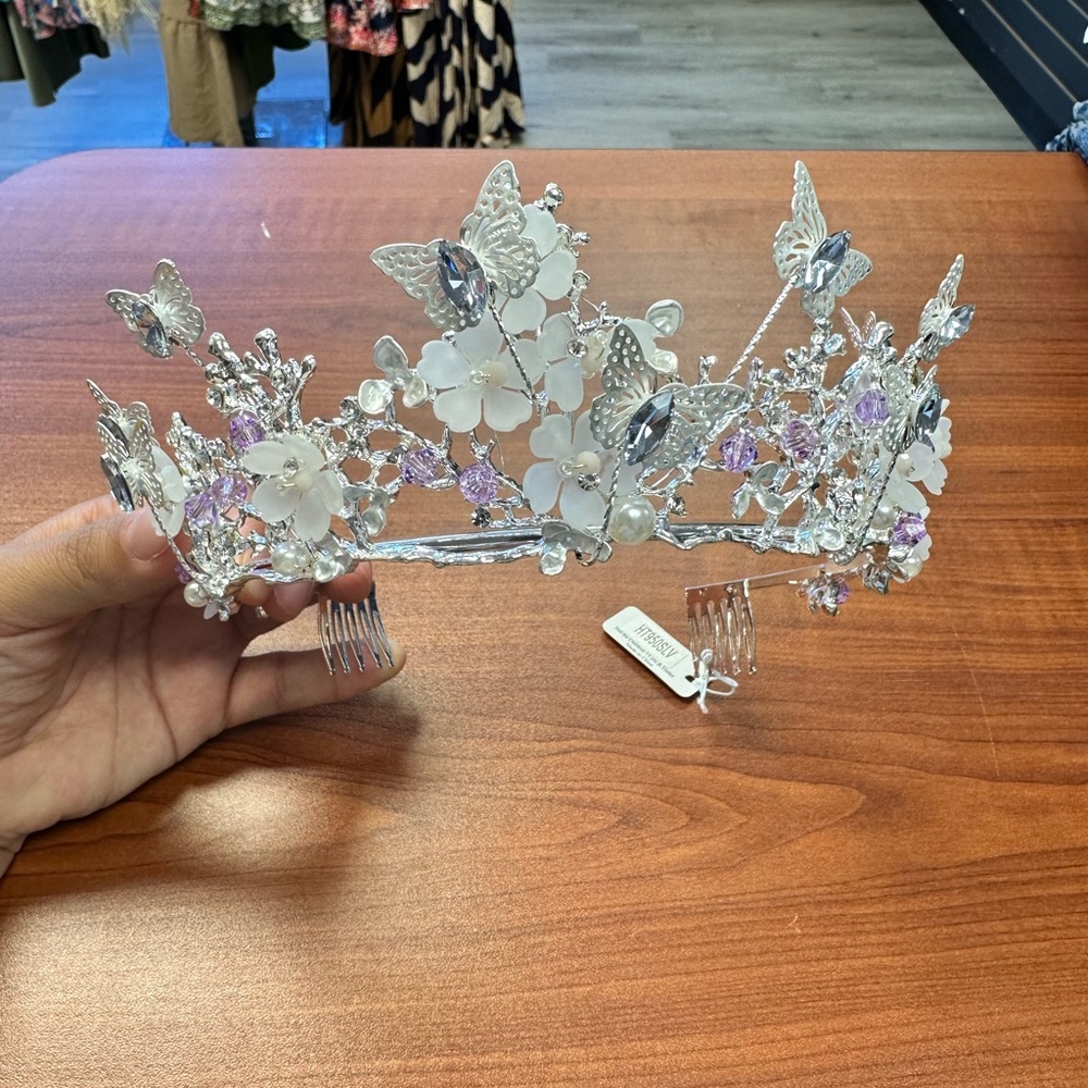 Elegant Silver and Purple Floral Pageant Quinceanera Crown Tiara